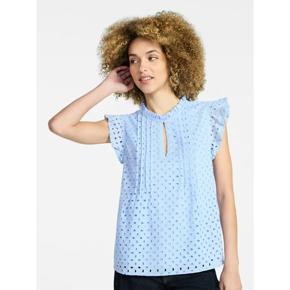 Time and Tru Women's Cotton Eyelet Top with Short Flutter Sleeves, Sizes XS-XXXL | Walmart (US)