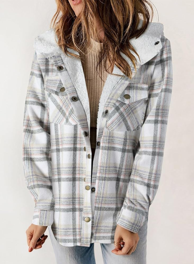 Dokotoo Womens Plaid Shacket Jacket Long Sleeve Button Down Fleece Hooded Jackets Warm Coat | Amazon (US)