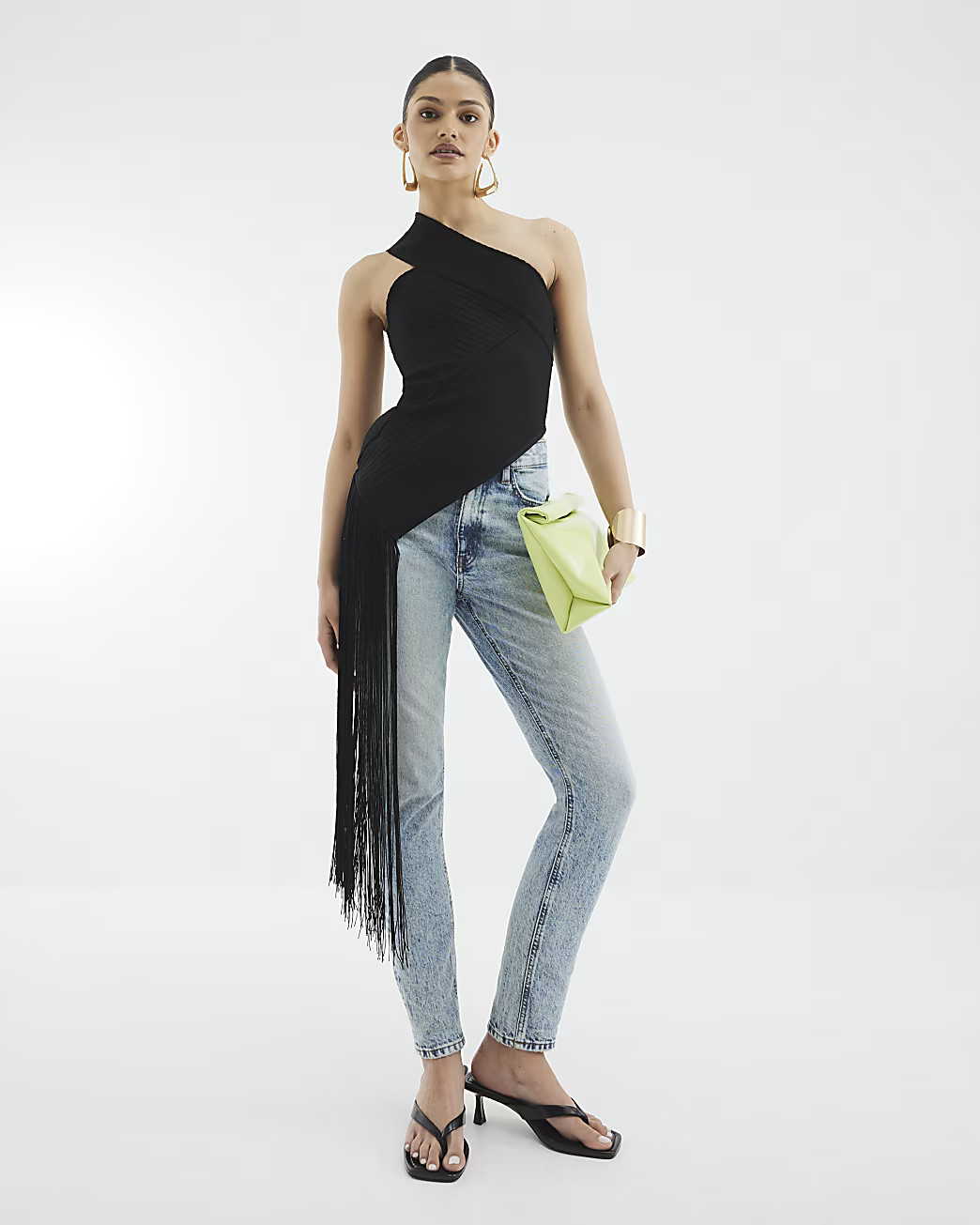 Black Asymmetric Fringe Hem Bandage Top | River Island UK & IE