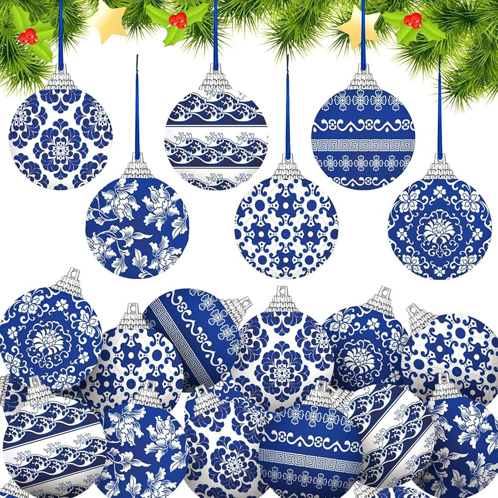 Lenwen 24 Pcs Christmas Blue and White Chinoiserie Ball Ornaments Christmas Tree Hanging Ornament... | Amazon (US)