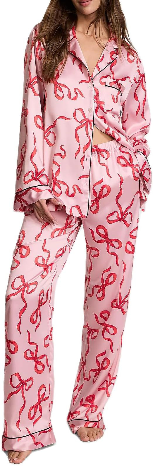 Women Bow Pajamas Satin Pajama Set Floral Silk 2 Piece Lounge Sets Button Down Shirts Wide Leg Pa... | Amazon (US)