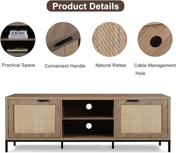 Anmytek Rattan TV Stand for 65 Inch TV Mid Century Modern Entertainment Center with Natural Ratta... | Amazon (US)