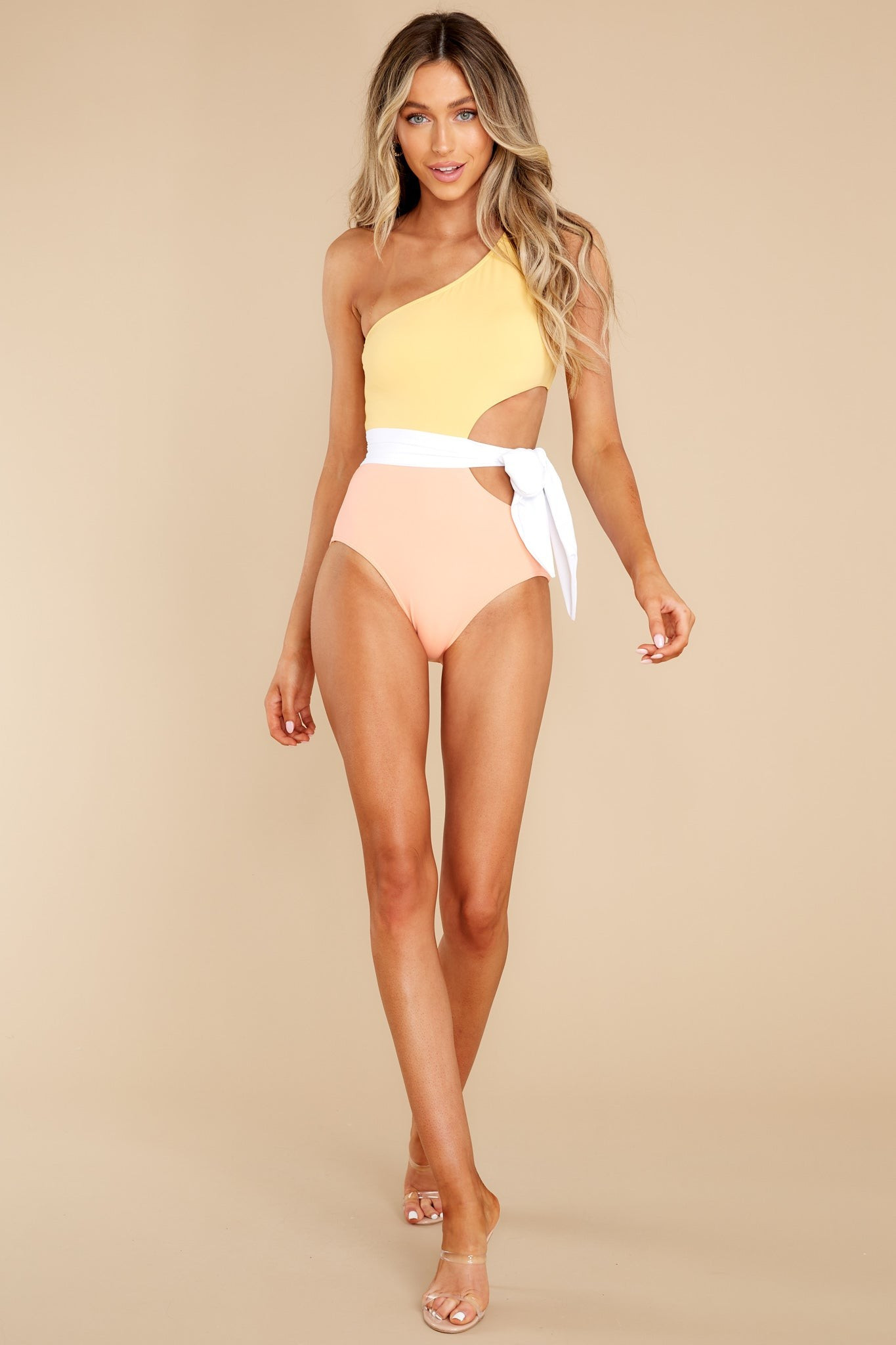 Sunset Boulevard Yellow And Peach One Piece Swimsuit | Red Dress 