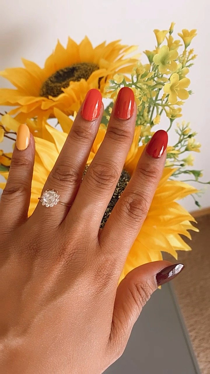 Looking for cute Fall nail designs? This color combination is giving autumn! From brown, red, burnt orange and yellow just like the leaves in Fall. 

#LTKbeauty #LTKSeasonal #LTKunder50