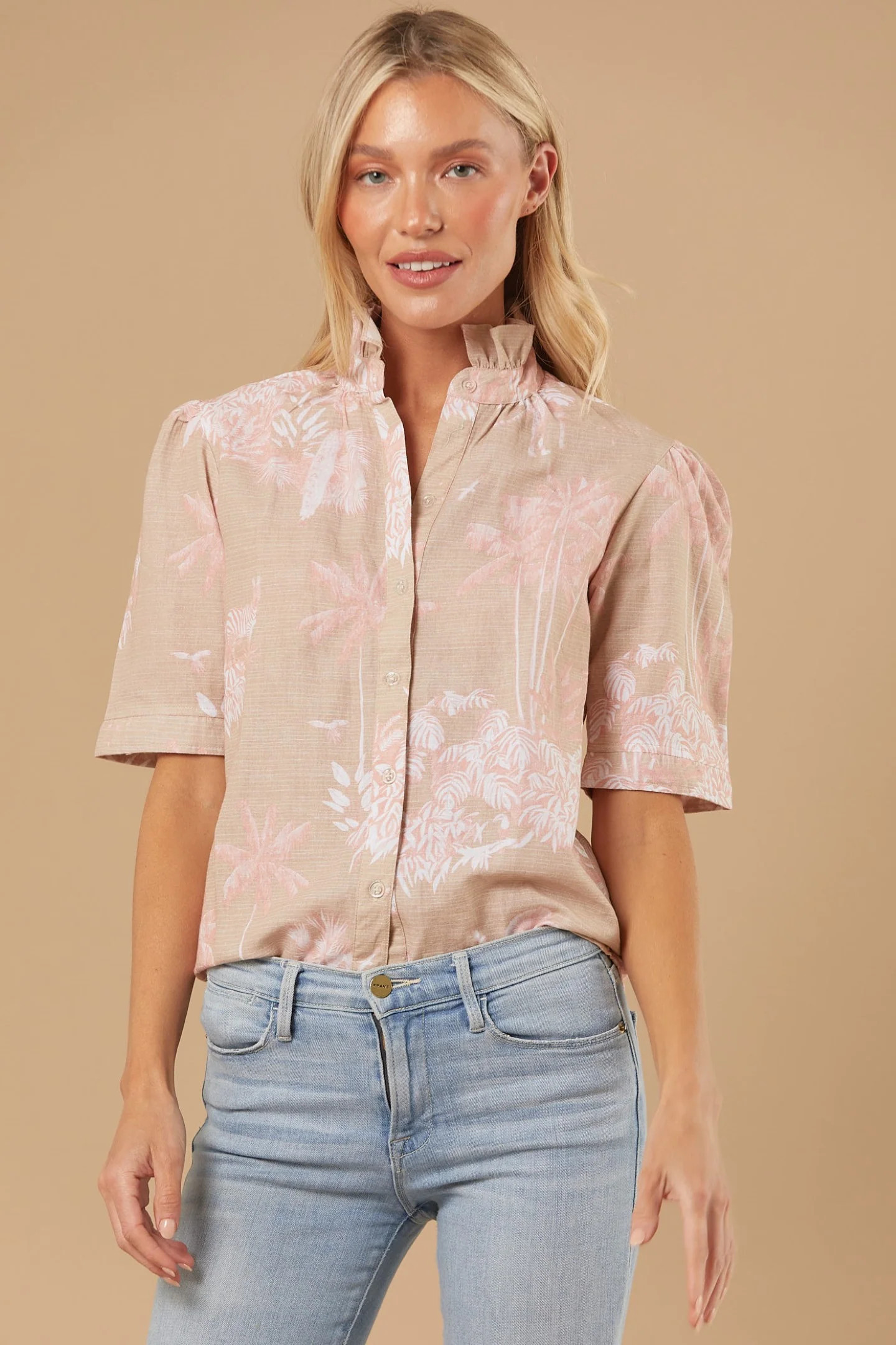 Sheridan French I Resort 2023 I Finn Blouse in Khaki + Blush Toile | Sheridan French