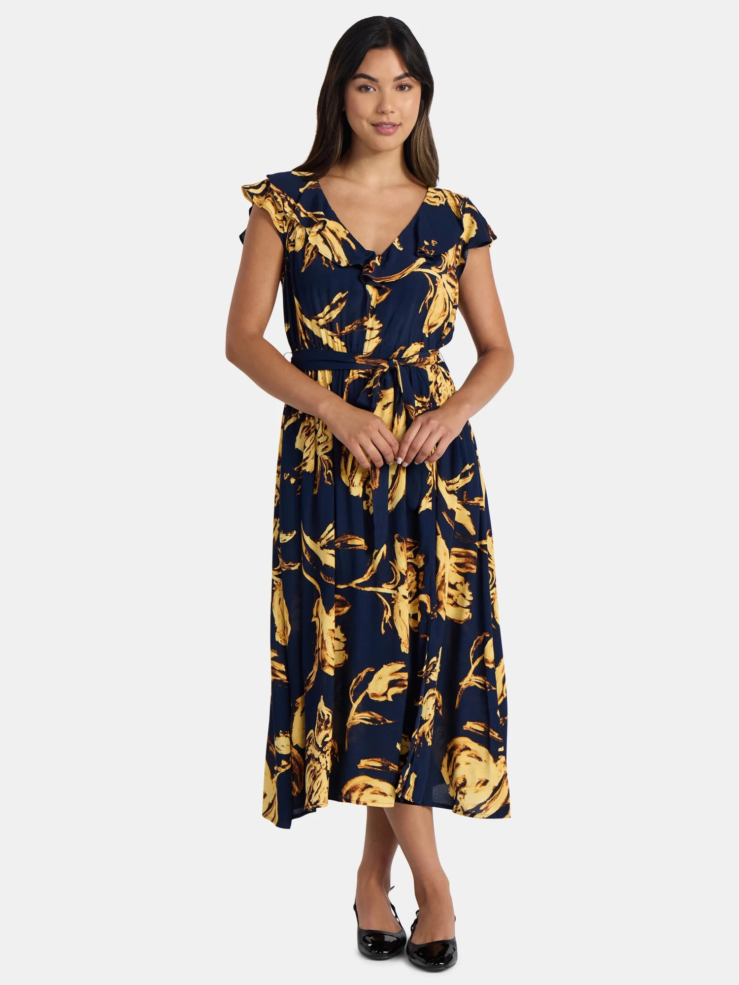 Time and Tru Women's and Women's Plus Ruffle Midi Dress with Flutter Sleeves, Sizes XS-4X | Walmart (US)