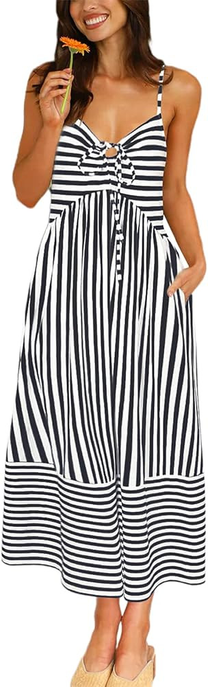 Fashionme Womens Summer Maxi Dresses 2025 Trendy Striped Vacation Boho Beach Spaghetti Strap Sund... | Amazon (US)