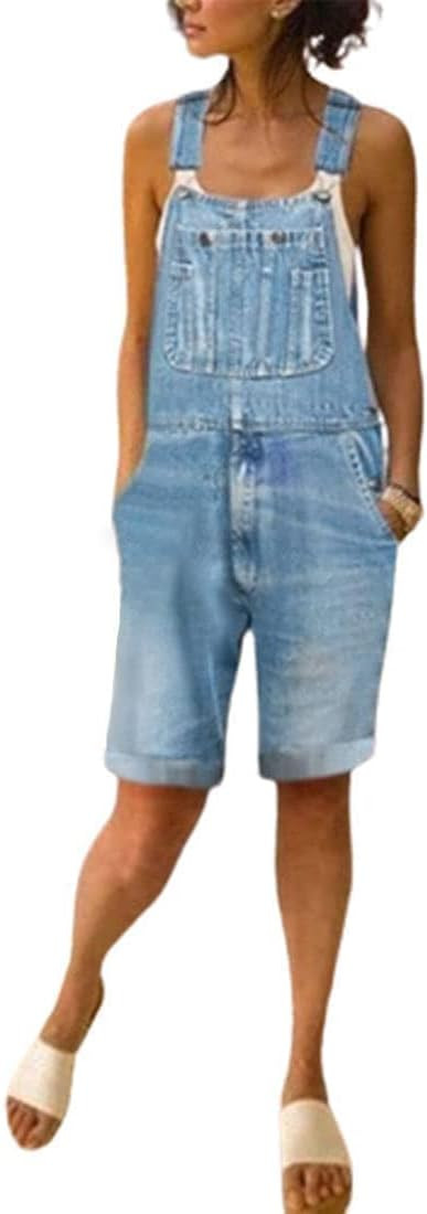 utcoco Women's Casual Distressed Adjustable Strap Cuffed Hem Denim Bib Overalls Shorts Romper | Amazon (US)