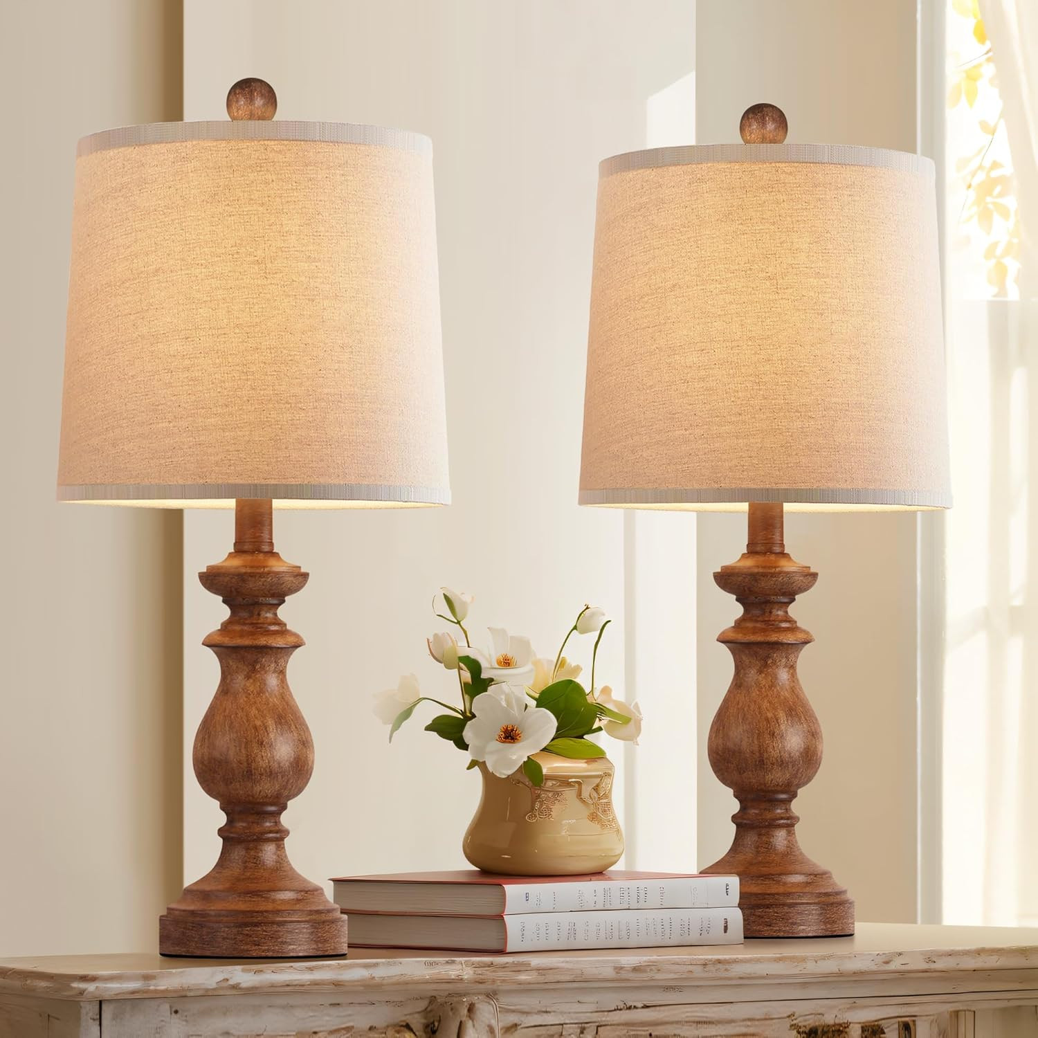 Traditional Table Lamp Set of 2, Rustic Farmhouse Table Lamps for Living Room Bedroom, 22" Bedside Desk Lamps Vintage Nightstand Lamps with Linen Shades, Wood Grain | Amazon (US)