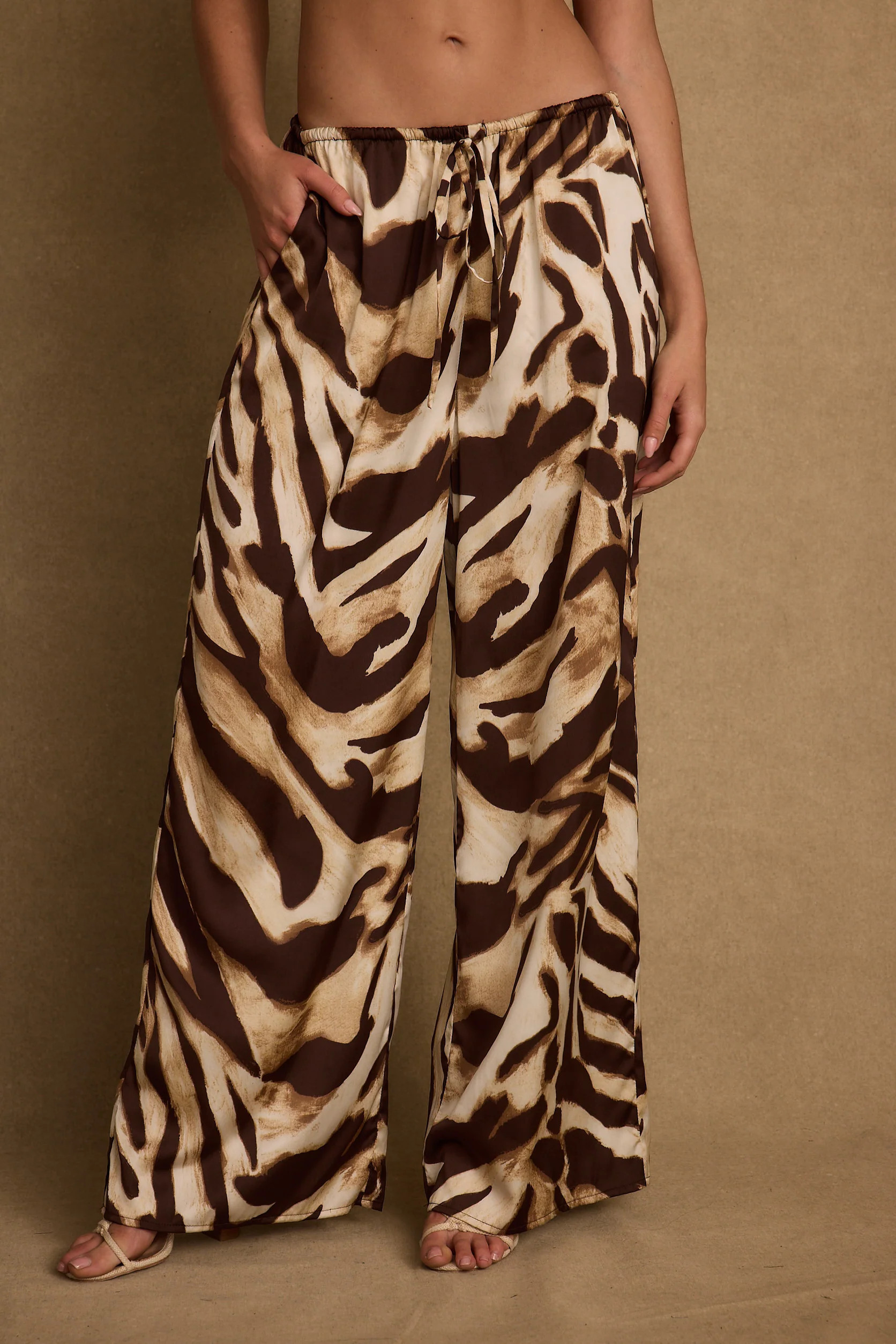 Clear Breeze Mocha Zebra Satin Pants | 12th Tribe