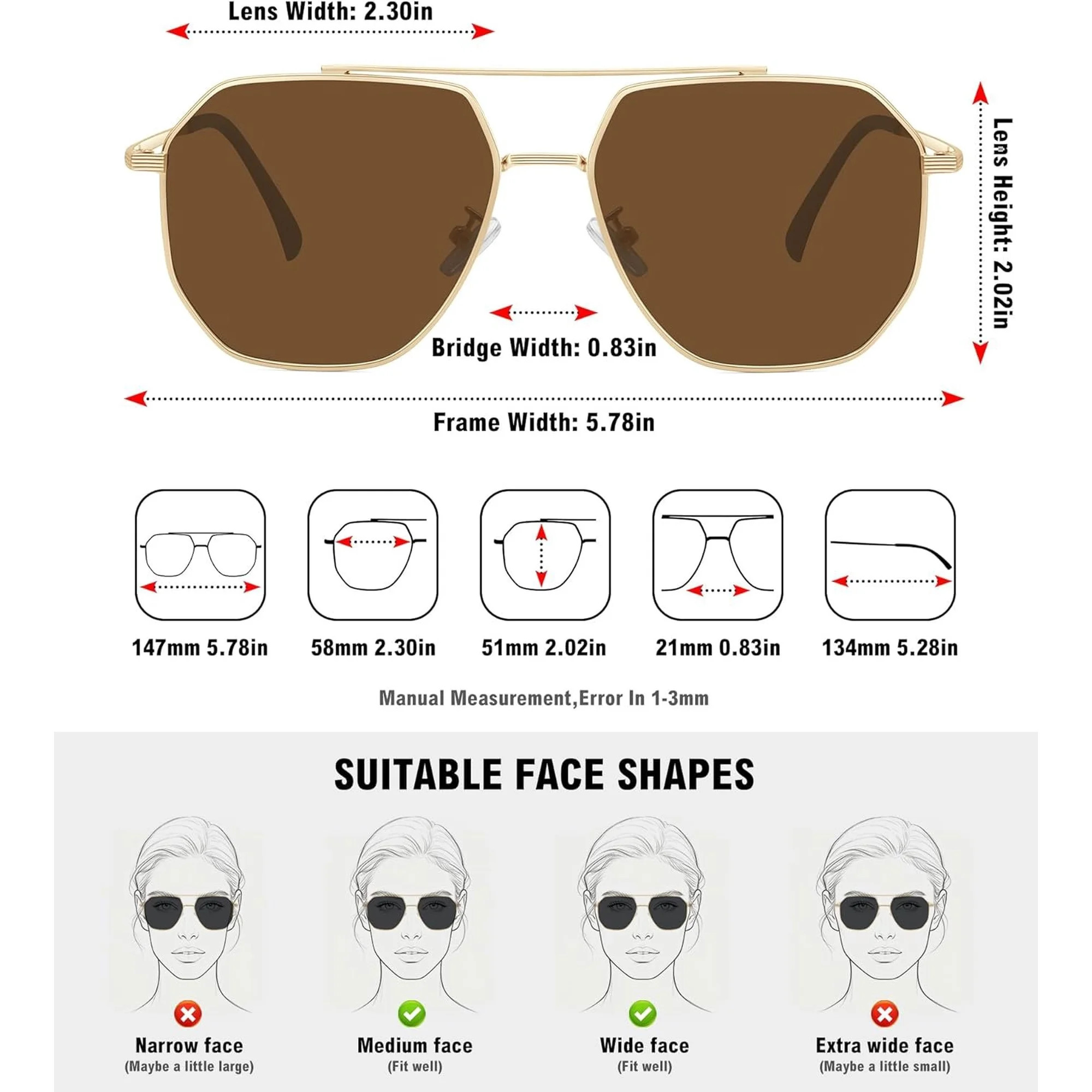 Retro  Aviator Sunglasses for Women Men Polarized Large  Classic Square Metal Aviators Shades | Walmart (US)