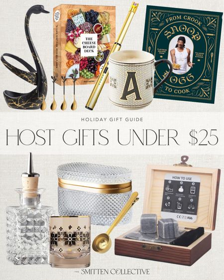 Gifts for the host under $25 include coffee mug, Snoop Dogg cook book, candle lighter, the cheese board deck, black swan vase holder, whiskey stones, glass canister, gold coffee scoop, glass elixir bottle, and bistro glass.

Gift guide, gifts for the host, holiday host, host gifts, gifts under $25

#LTKHoliday #LTKGiftGuide #LTKfindsunder50