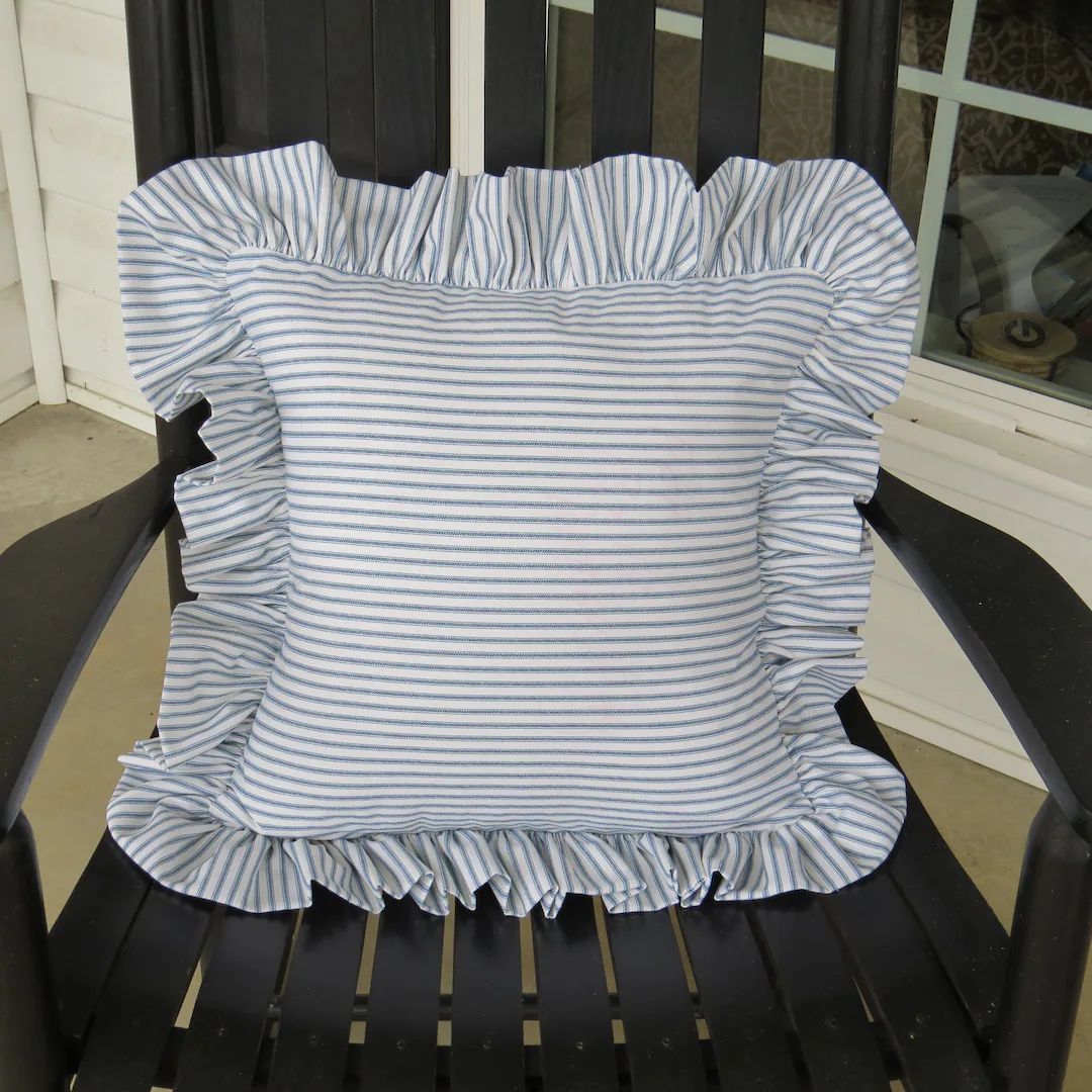 Blue Ticking Stripe Ruffled Pillow Cover/cotton Pillow Cover/ticking Stripe Ruffled Pillow Cover/... | Etsy (US)