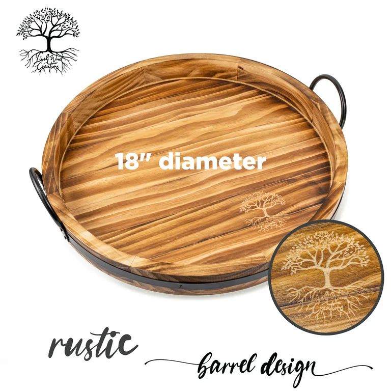 LiveliWood Creations Round Wood Tray - Rustic Serving Tray with Galvanized Handles | Walmart (US)