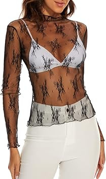 Mesh Long Sleeve Layering Top for Women Mock Neck Floral Embroidery Sheer See Through Tee Shirt B... | Amazon (US)