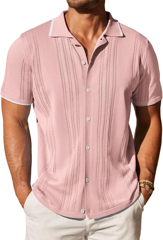 COOFANDY Men's Knit Button Down Shirt Vintage Short Sleeve Polo Shirts Casual Beach Tops | Amazon (US)