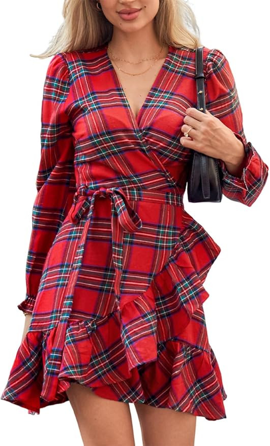 CUPSHE Women Red Plaid Fall Dress V Neck Ruffle Cuff Long Sleeve Side Tie Wrap Casual Mini Autumn... | Amazon (US)