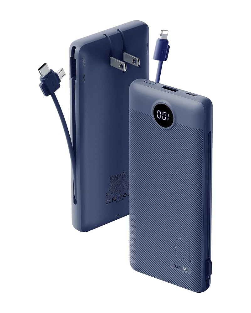 VRURC Portable Charger Built-in Cables and AC Wall Plug, USB C Power Bank 10000mAh, Travel Batter... | Amazon (US)