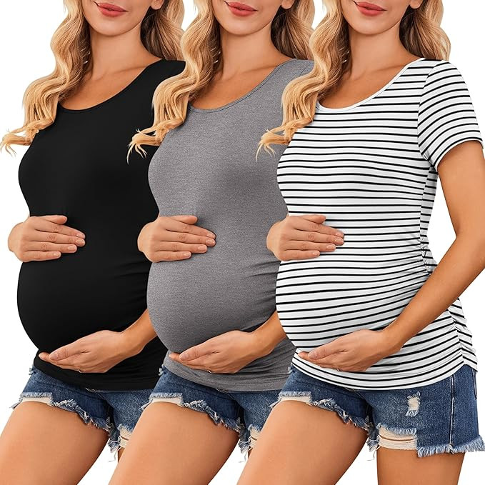 Ekouaer Womens Maternity Shirts 3 Packs Side Ruched Pregnancy Tee Top Tunic Blouse Casual Mama Cl... | Amazon (US)