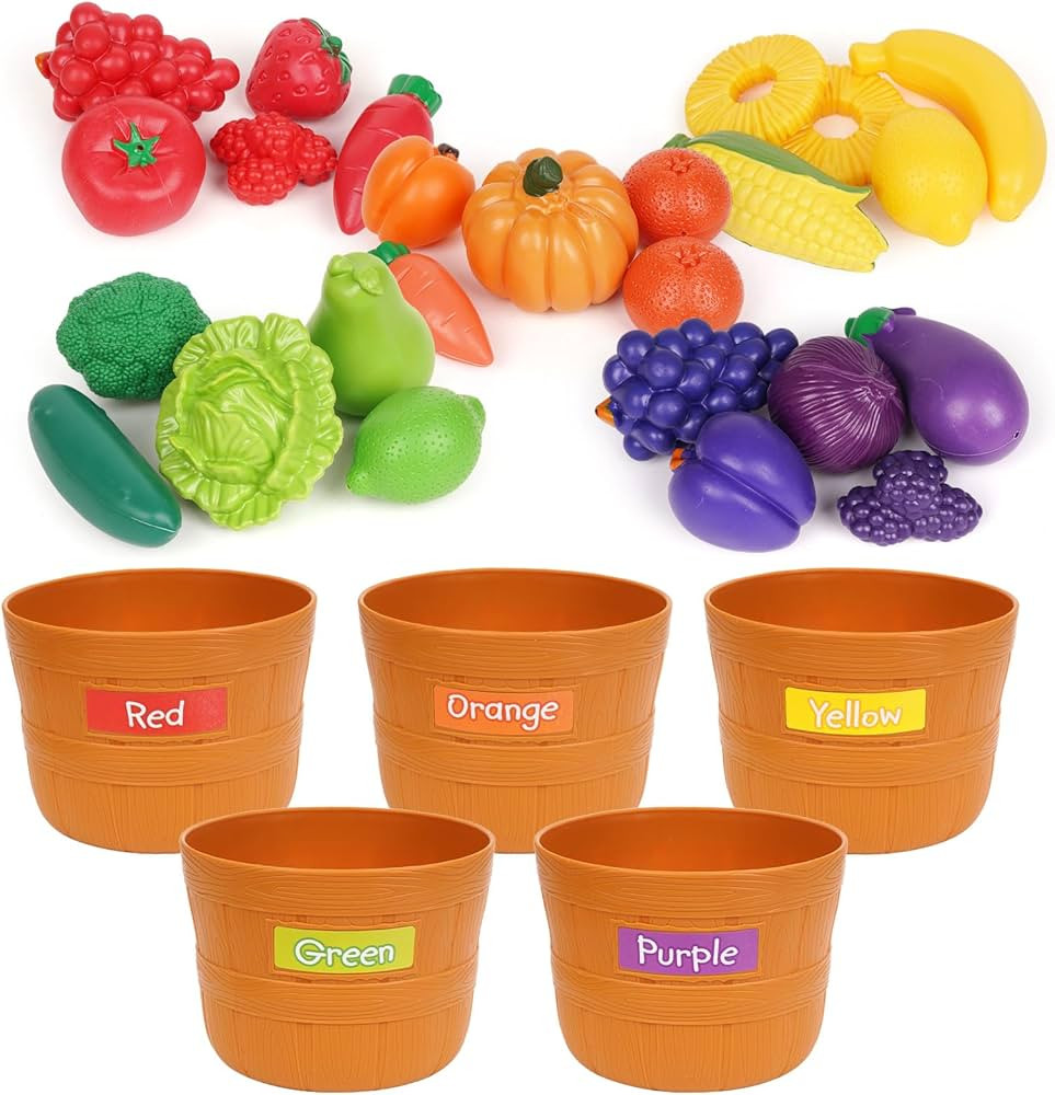 Color Sorting Play Food Toy Set - 30 Pieces Fruit and Vegetable Shapes Educational Daycare Learni... | Amazon (US)