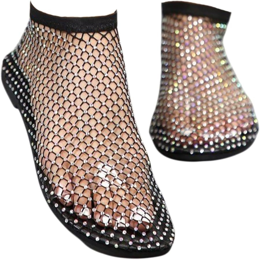Ultra Comfortable Mesh Flats for Women Fishnet Sandals Low Heel Slip on Rhinestone Shoes | Amazon (US)