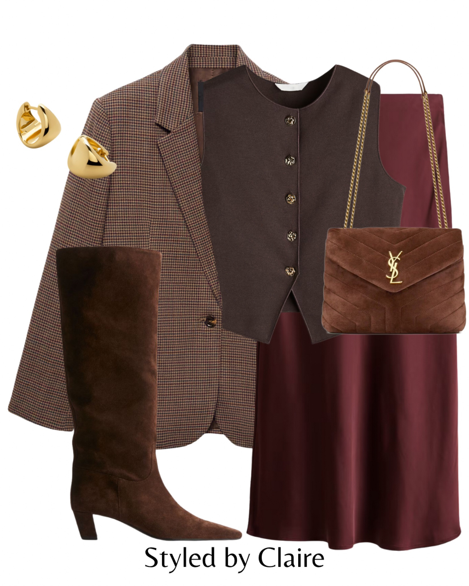Knee high boot styling🙋🏽‍♀️
Tags: midi satin skirt h&m houndstooth blazer mango waistcoat brown burgundy YSL suede bag chocolate. Fashion autumn winter inspo outfit ideas classy chic women date night neutral style

#LTKshoes #LTKautumn #LTKstyletip