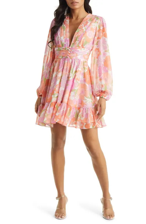 VICI Collection Floral Long Sleeve Chiffon Babydoll Dress in Pink/Orange at Nordstrom, Size Medium | Nordstrom