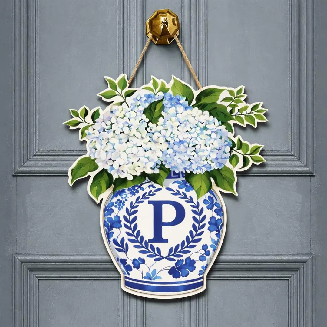 Personalized Hydrangea Ginger Jar Door Hanger Chinoiserie Blue And White Front Porch Sign | Etsy (US)