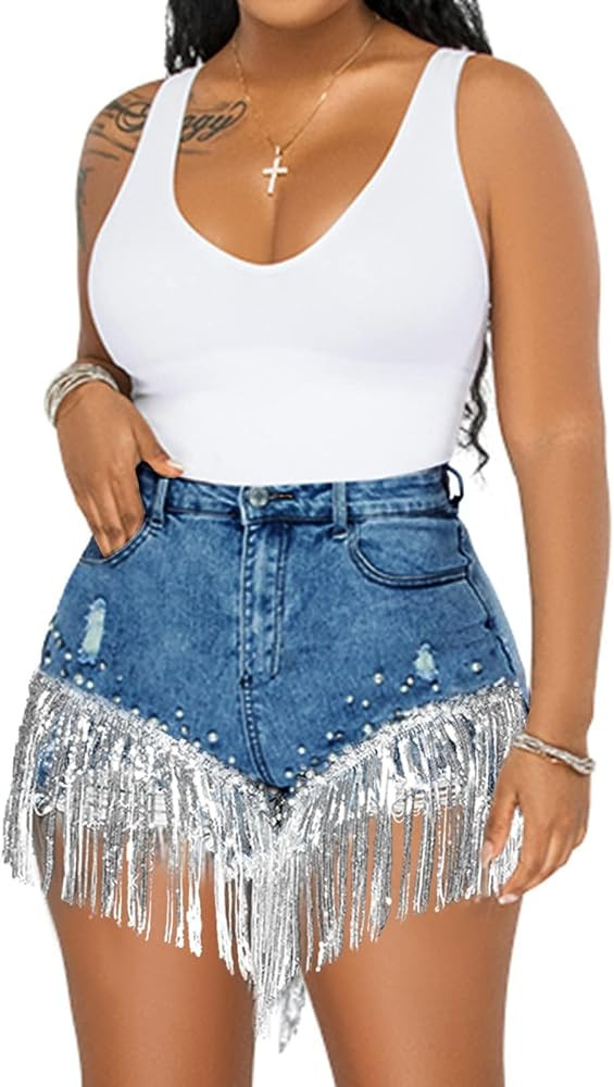 Cyparel Women Summer Denim Shorts High Waisted Ripped Rhinestone Pearl Beaded Fringe Tassels Fray... | Amazon (US)