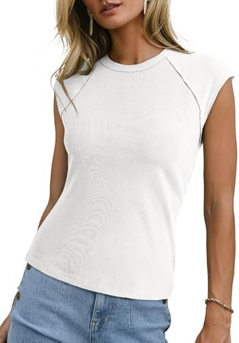 Sidefeel Womens Tops Casual Crewneck Cap Sleeve Tops Ribbed Raw Hem Summer T Shirts Slim Fit Basi... | Amazon (US)