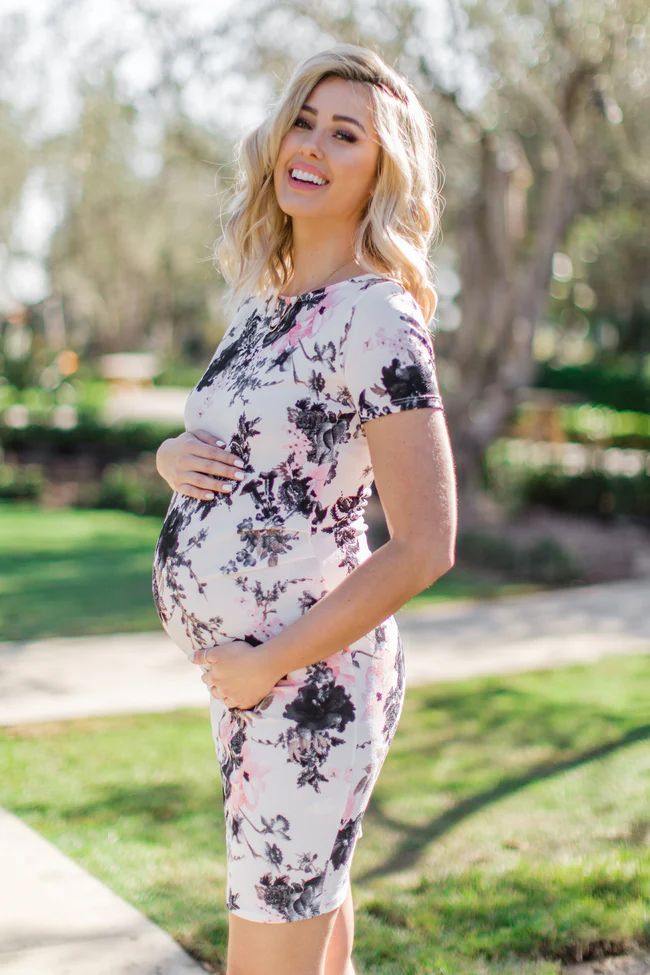 PinkBlush Tall White Floral Fitted Maternity Dress | PinkBlush Maternity