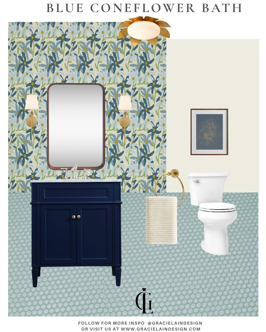 A little jewel box moment 💙
This blue powder room is wrapped in a playful floral wallpaper that instantly lifts the mood—paired with a deep blue vanity, brass floral lighting, and soft ivory linens. The ceiling and trim stay crisp and classic to ground all the fun, while simple walnut frames on the mirror and art quietly complement instead of competing.
It’s the kind of cheery hideaway you duck into on a gray winter day—just long enough to wash up, breathe, and feel transported somewhere brighter. Proof that small spaces can tell a big story ✨
Tap to shop the look and see more design details, then head to gracielaindesign.com for the full project and more inspiration.
#ltkhome #ltkinteriors #powderroomdesign #wallpaperedpowderroom #blueinteriors #floralwallpaper #brasslighting #classicwithatwist #interiordesigninspo #smallspacedesign #gracielaindesign 

 #LTKSeasonal #LTKHome #LTKSaleAlert
