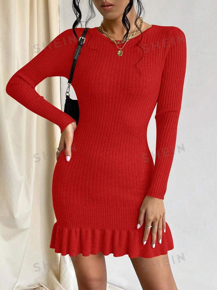 SHEIN Privé Solid Colored Knitted Sweater Dress With Ruffle Hem | SHEIN