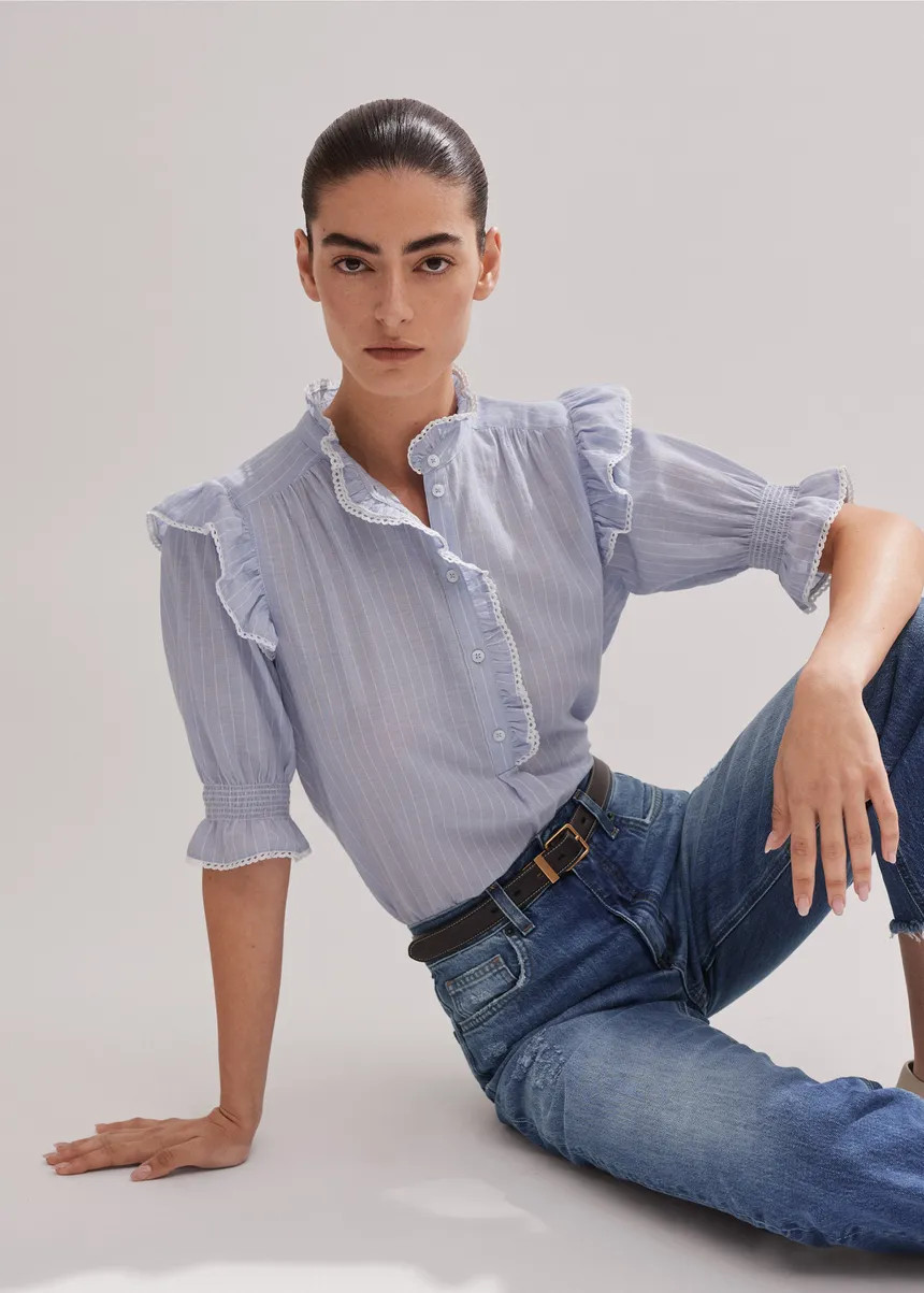 Cotton Voile Stripe Short Sleeve Top | ME+EM US