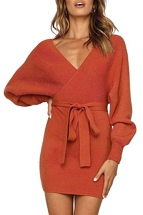 Huaxiafan Women's Sexy V Neck Wrap Belted Batwing Long Sleeve Backless Pencil Bodycon Knitted Min... | Amazon (US)