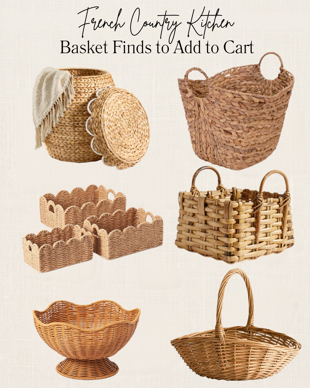 
There’s something about beautiful baskets that instantly makes a kitchen feel warm, collected, and effortlessly organized. From storing fresh produce and linens to displaying everyday essentials, these French country-inspired baskets add charm while keeping clutter out of sight. Functional, timeless, and perfect for creating that cozy European kitchen feel. ✨

#FrenchCountryDecor #FrenchCountryKitchen #KitchenOrganization #EuropeanHomeStyle #CottageStyle #TraditionalHomeDecor #KitchenDecorIdeas #AmazonHomeFinds #LTKHome #HomeOrganization
 

 
