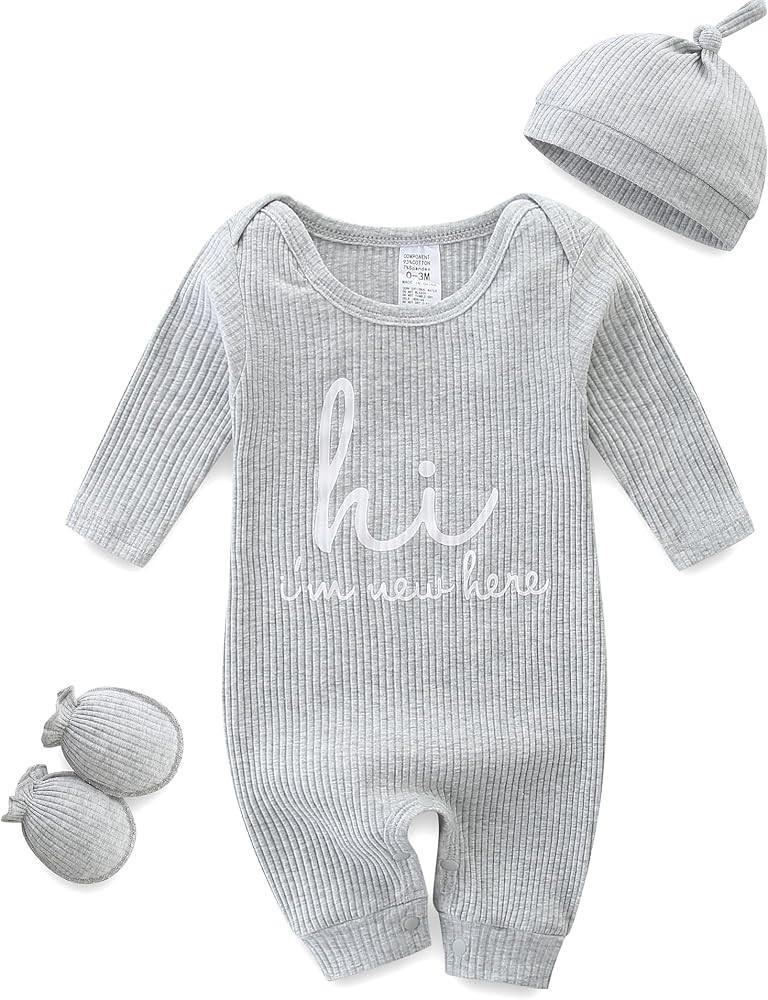 Baby Romper with Baby Mittens & Newborn Hats Footless Long Sleeve Solid Onesie Hi Im New Here | Amazon (US)