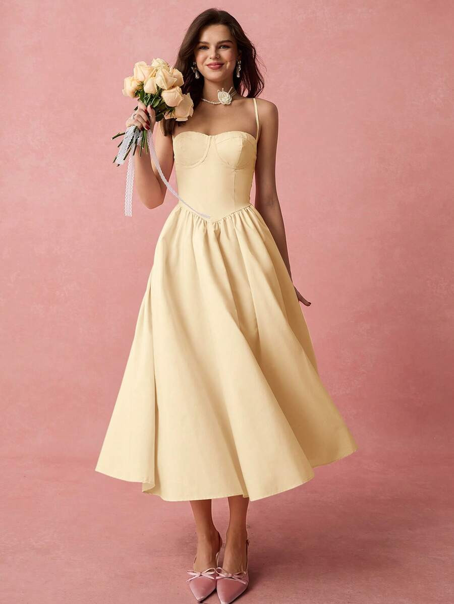 Enchnt Women Elegant Solid Color Camisole Waist Fitted Dress,Butter Yellow,Summer Dresses For Wom... | SHEIN