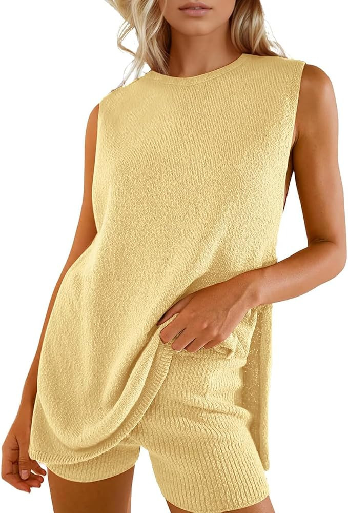 Yimoon Women’s Summer Sweater Set 2 Piece Beach Vacation Outfits Sleeveless Tunic Top Matching ... | Amazon (US)