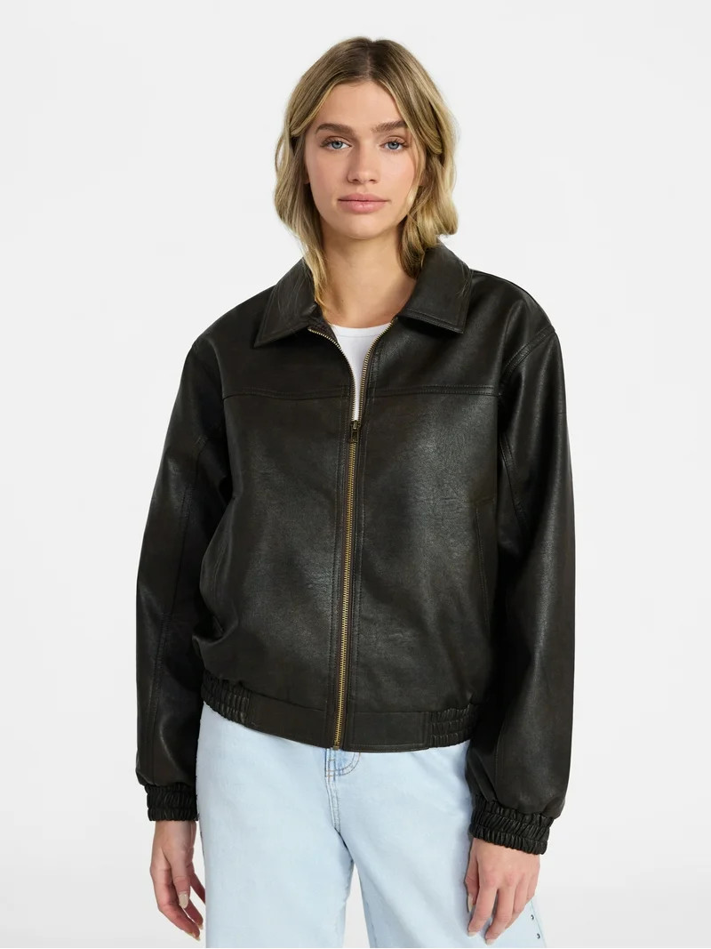 No Boundaries Relaxed Fit Faux Leather Jacket, Women's XXS-XXL | Walmart (US)