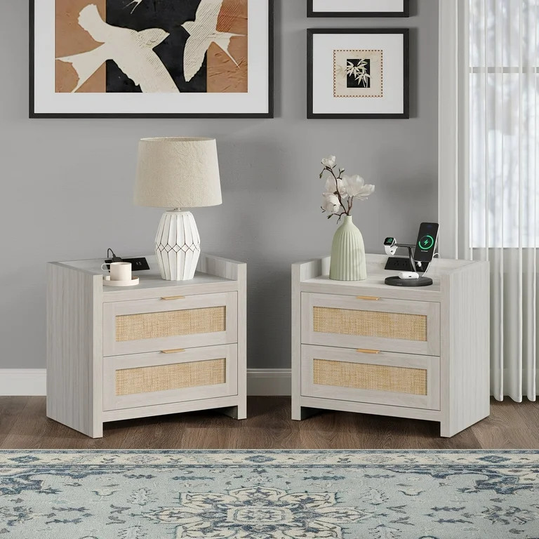 Sanspredet Rattan Nightstand Set of 2 with Charging Station, Boho Modern Bedside Tables with 2 Dr... | Walmart (US)