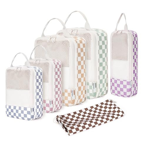 Narwey 6 Set Packing Cubes for Travel Compression, Durable Cute Travel Cubes for Packing, Checkered Luggage Suitcase Organizer Bags Carry on with Handle (Combined Checkerboard) | Amazon (US)