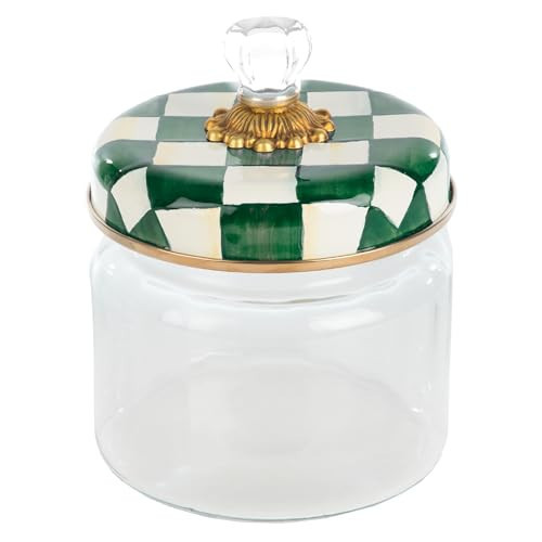 MACKENZIE-CHILDS Small Kitchen Canister, Decorative Glass Storage Jar with Lid, Green-and-White Emerald Check | Amazon (US)