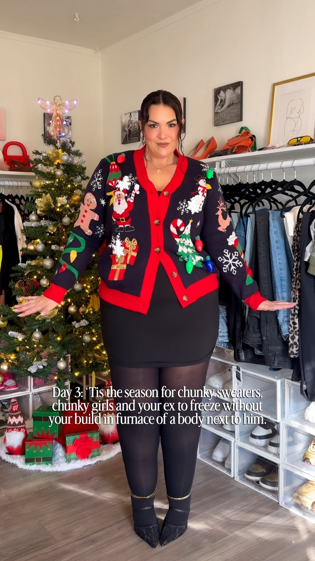 Wearing xxl in dress, 1 in tights and Large in sweater. Heels are #widewidth 

#LTKPlusSize #LTKHoliday #LTKgrwm