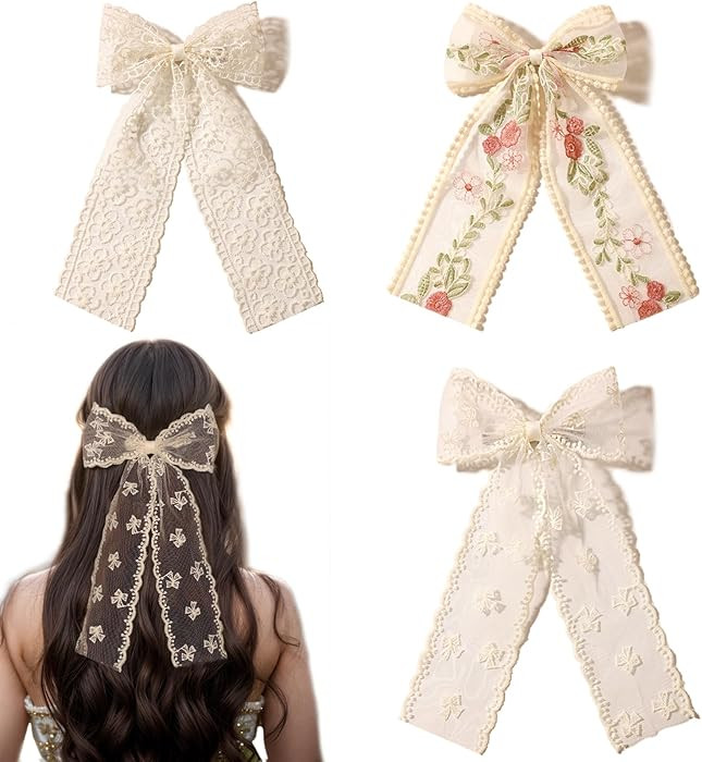 LFOUVRE Beige Lace Hair Bows with Embroidered Flowers - Bowknots, Barrettes, and Hair Clips with ... | Amazon (US)