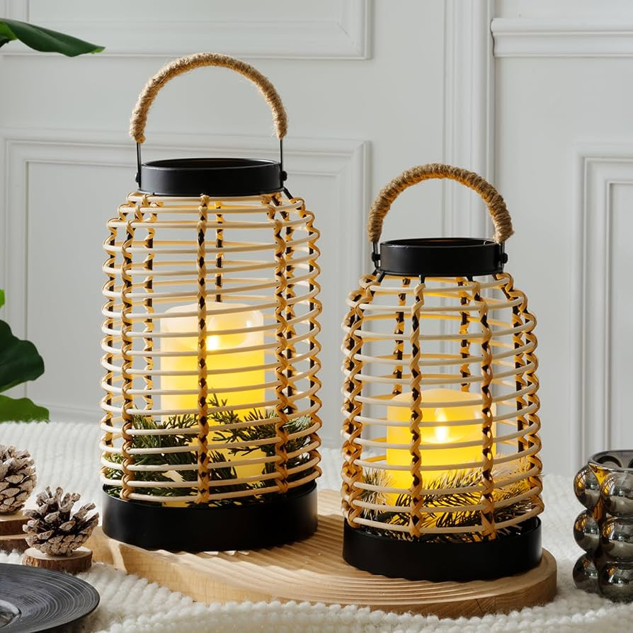 Handwoven Rattan Lantern Set, Metal Frame, Natural Boho Style, Patio Decorative Lanterns. | Amazon (US)