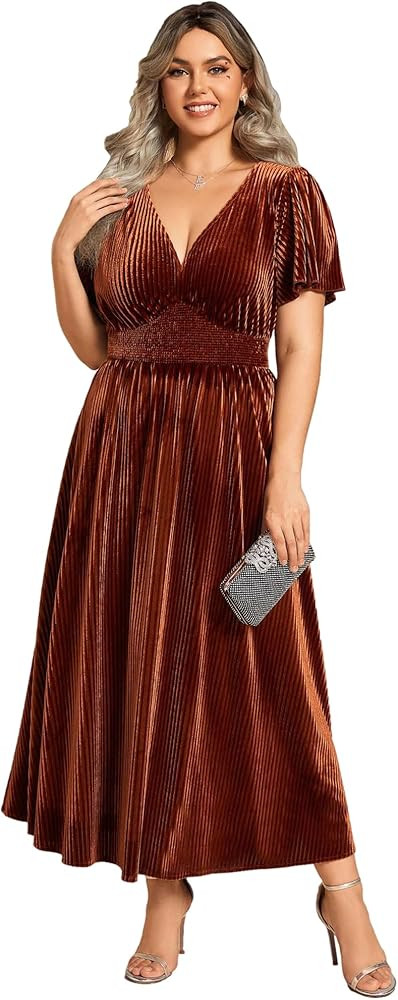 Ever-Pretty Women's Ruched V Neck Ruffed Sleeve Velvet Plus Size Formal Wedding Guest Dress Party... | Amazon (US)