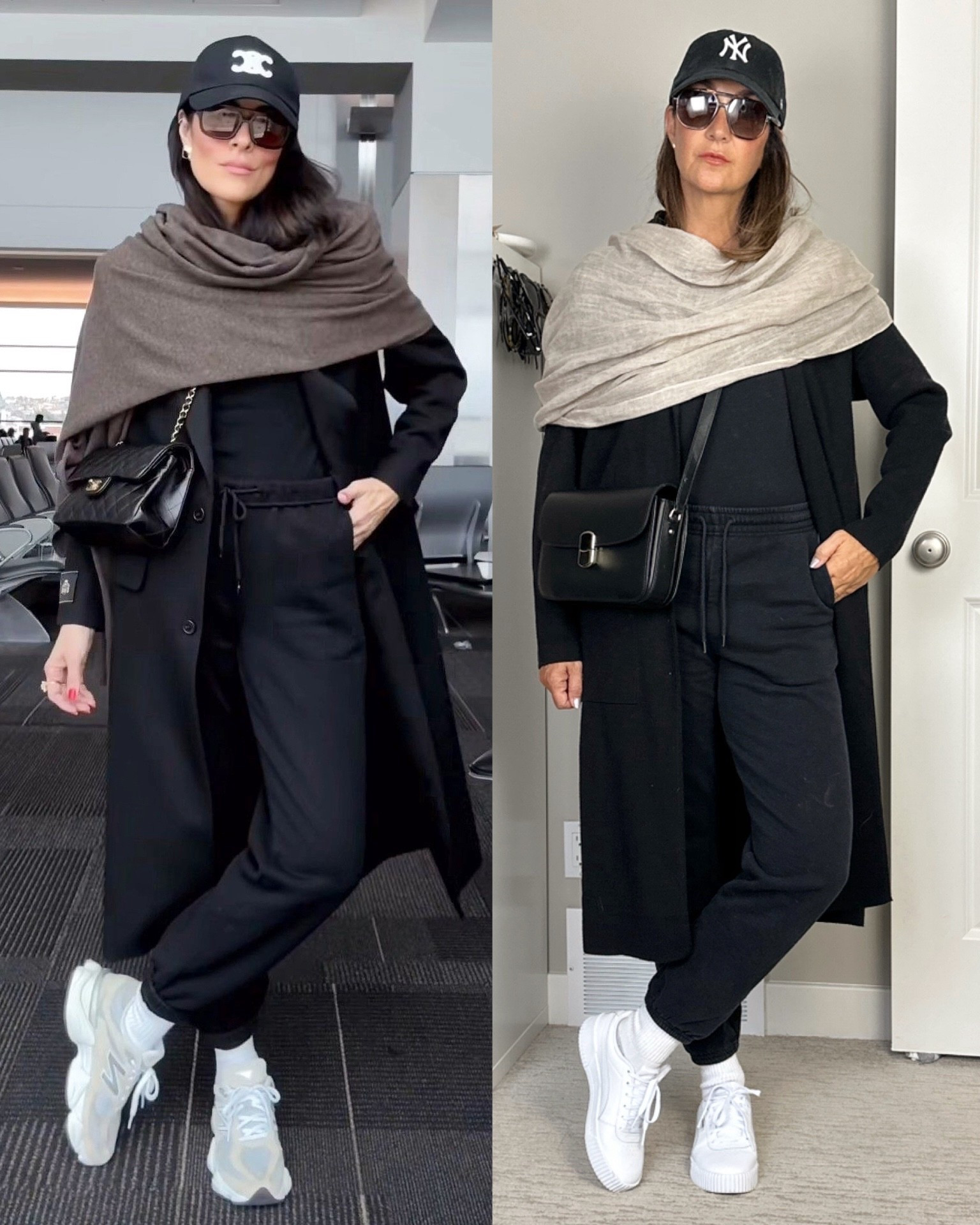 Winter airport outfit! Sweatpants but make it chic! I love traveling with a wrap or scarf, it’s great for warmth and can be balled up and used as a pillow too.
I’m 5’ 7” size 4ish wearing my usual size S in the joggers and sized up to M in the long carfigan for a roomier fit. 
Crew socks are my go to socks, same for the sneakers, so comfy and go with everything.
Also linked my bag, it’s a great size for travel and really great quality.
My scarf is an old linen blend scarf but I linked some cute travel wraps.
Also linked the pants I had on at the beginning (they are part of a matching set and also great for travel) and the white tee, it’s a thicker material and a boxy fit, I’m wearing a L


#LTKTravel #LTKootd #LTKSeasonal