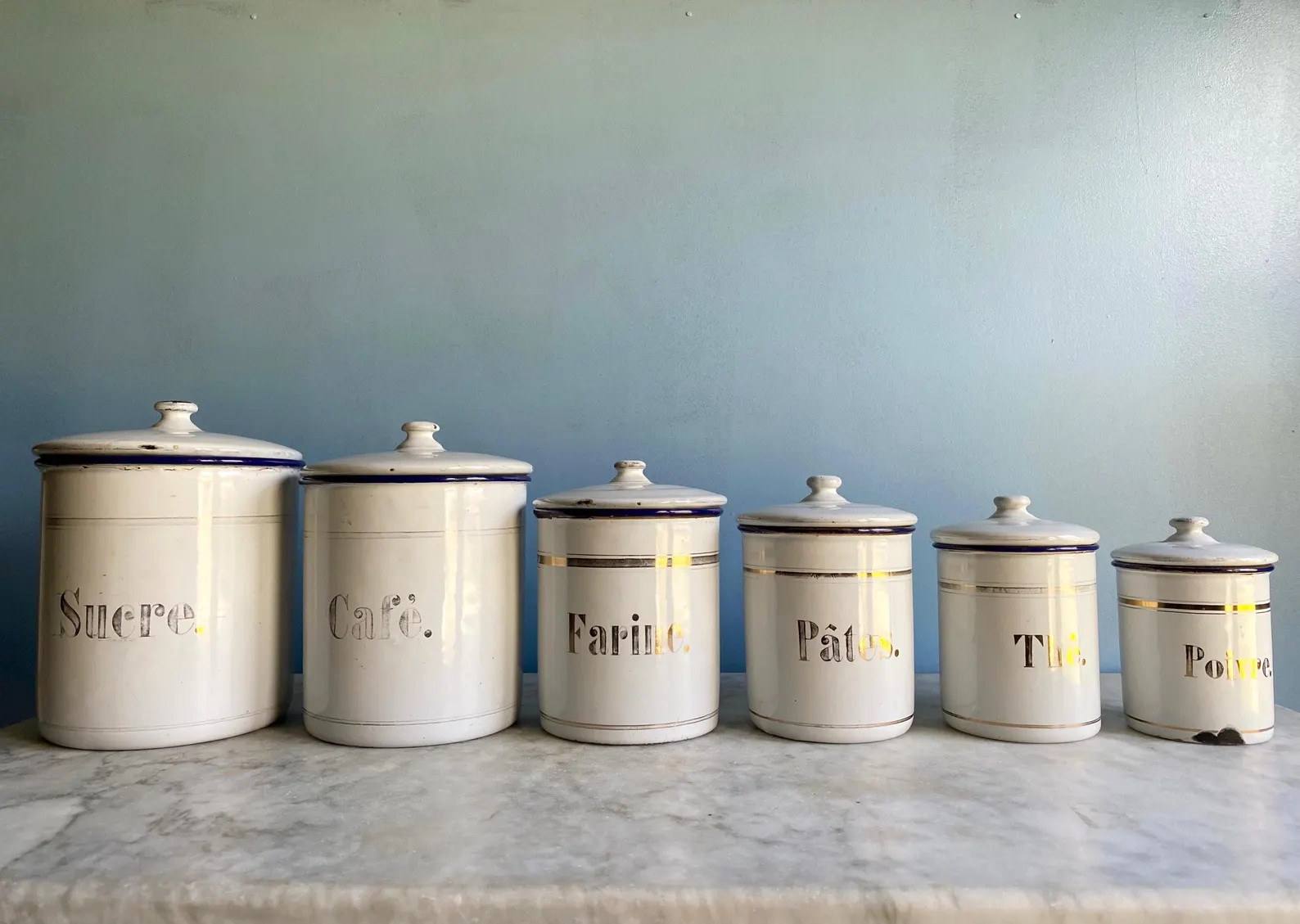 A vintage French white chippy enamel canister set, kitchen storage, kitchen decor | Etsy (Global)