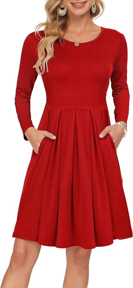 AUSELILY Women's Long Sleeve Dress Pleated Loose Swing Casual Dress with Pockets Knee Length Dres... | Amazon (US)